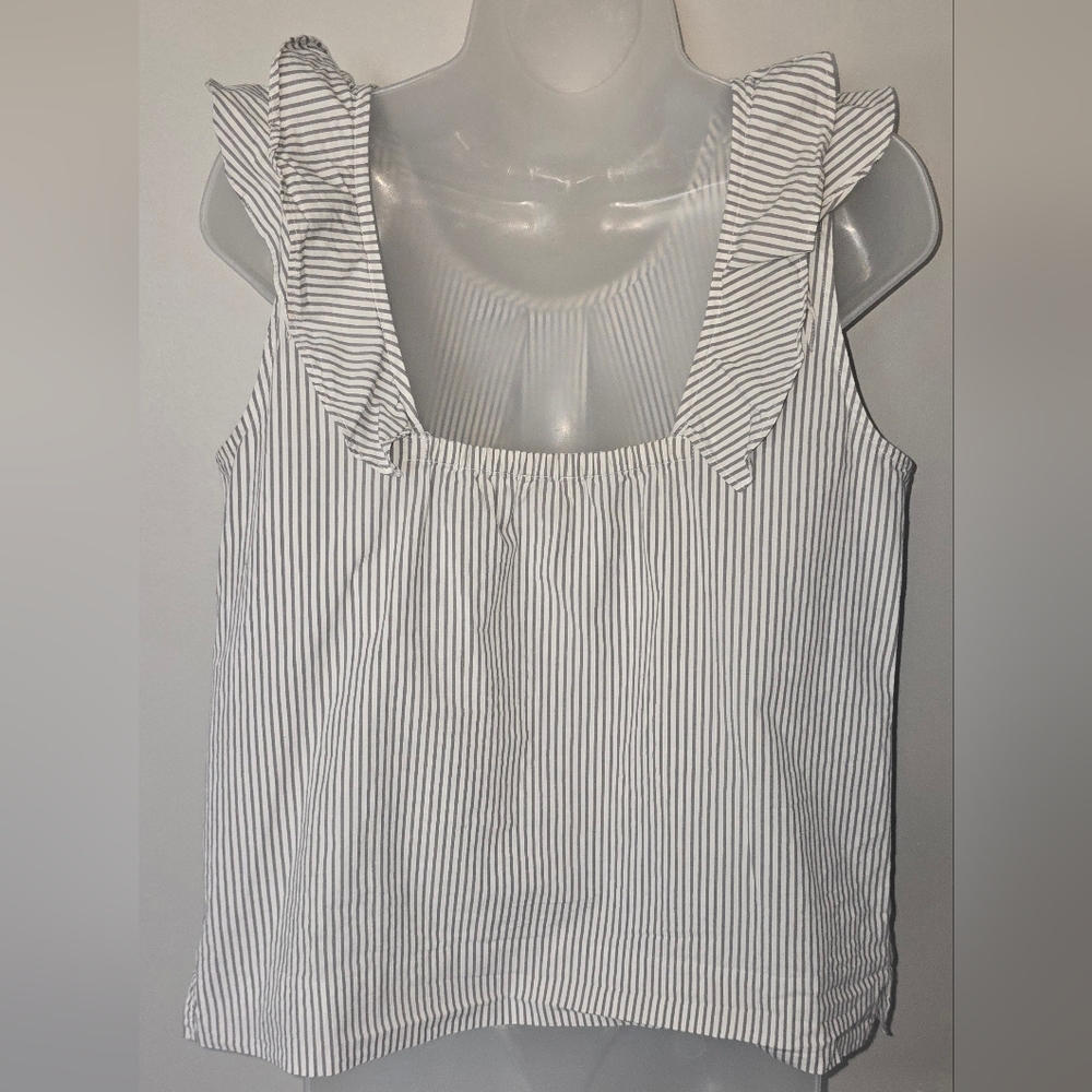 J Crew Flutter Top Womens 10 Gray White Striped Ruffle Poplin Shirt - Picture 3 of 9